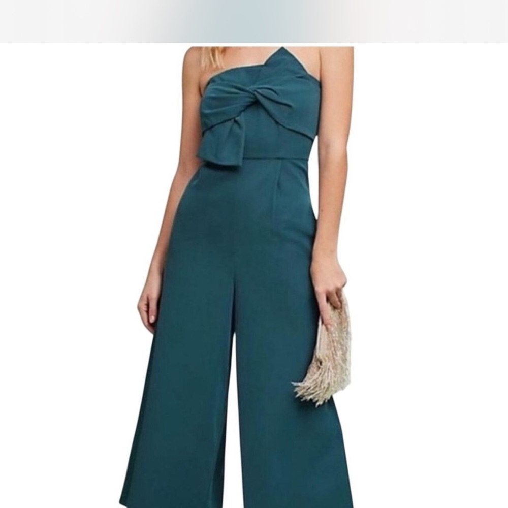 Anthropologie Teal Bow-Front Jumpsuit